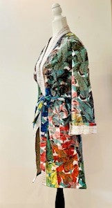 Short Floral Block Print Cotton Kimono Robe. A Kaleidoscope of Color.