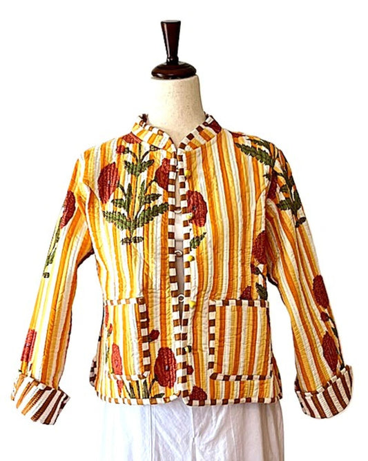 Short Cotton Quilted Handmade Jacket, Fully Reversible. (Striped Floral)