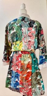 Short Floral Block Print Cotton Kimono Robe. A Kaleidoscope of Color.