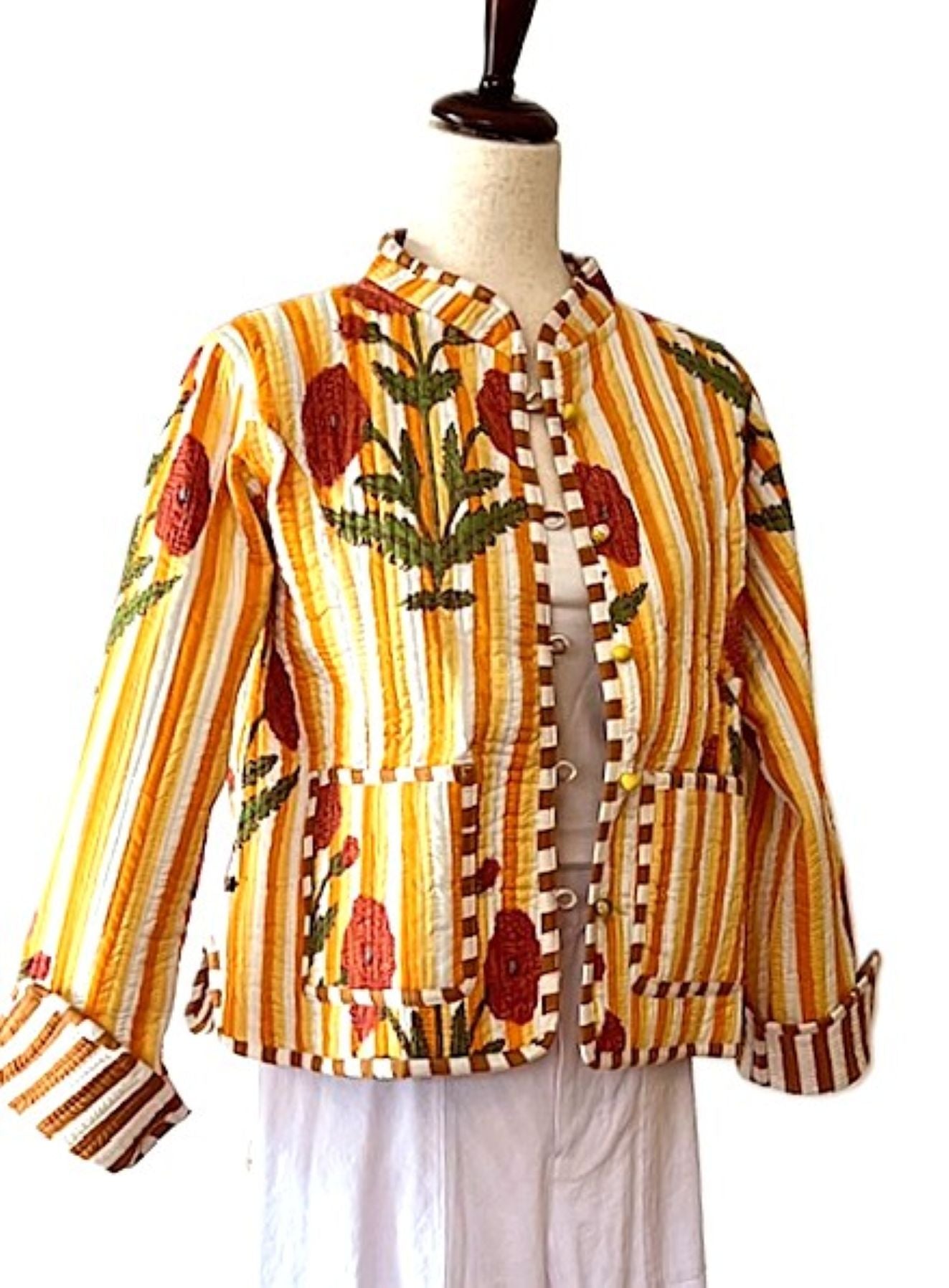 Short Cotton Quilted Handmade Jacket, Fully Reversible. (Striped Floral)