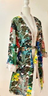 Short Floral Block Print Cotton Kimono Robe. A Kaleidoscope of Color.