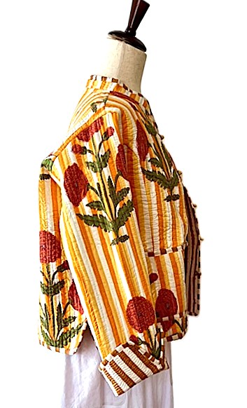Short Cotton Quilted Handmade Jacket, Fully Reversible. (Striped Floral)