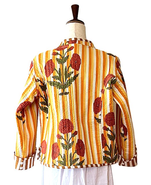Short Cotton Quilted Handmade Jacket, Fully Reversible. (Striped Floral)