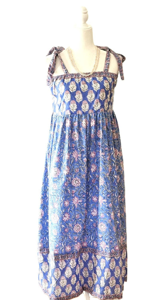 Dresses: Sleeveless Tie Shouldered Cotton Block Print Maxi. Sky Blue
