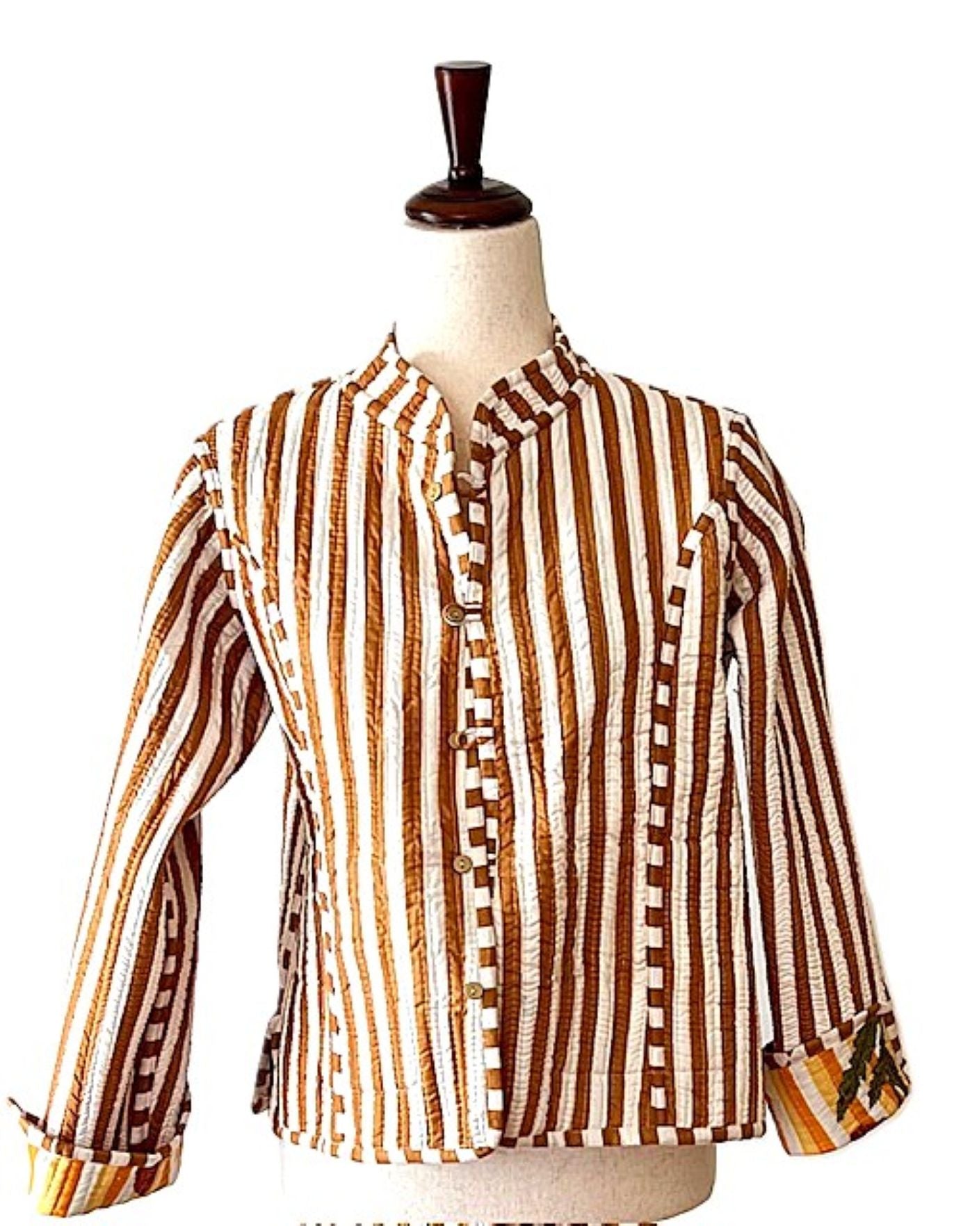 Short Cotton Quilted Handmade Jacket, Fully Reversible. (Striped Floral)