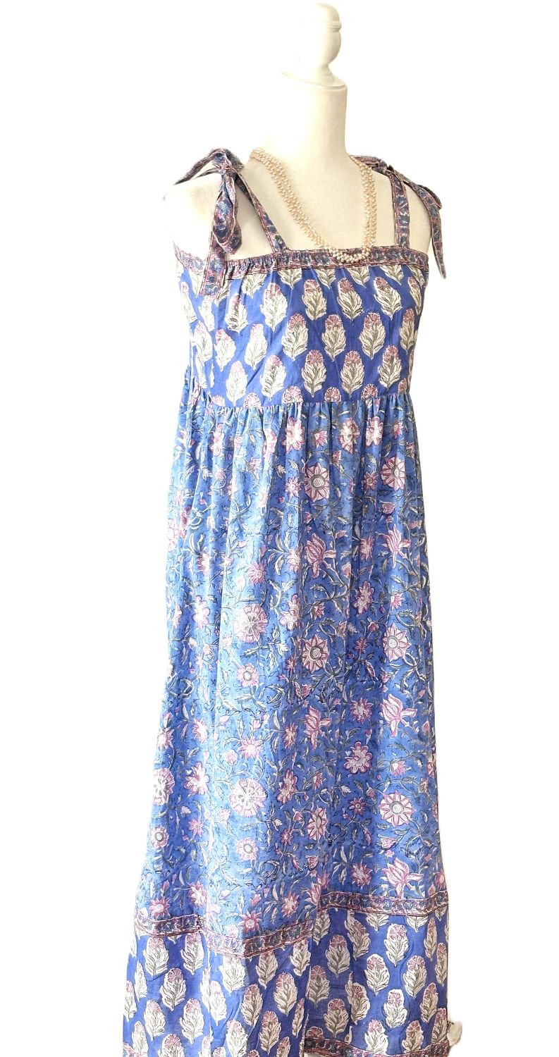 Dresses: Sleeveless Tie Shouldered Cotton Block Print Maxi. Sky Blue