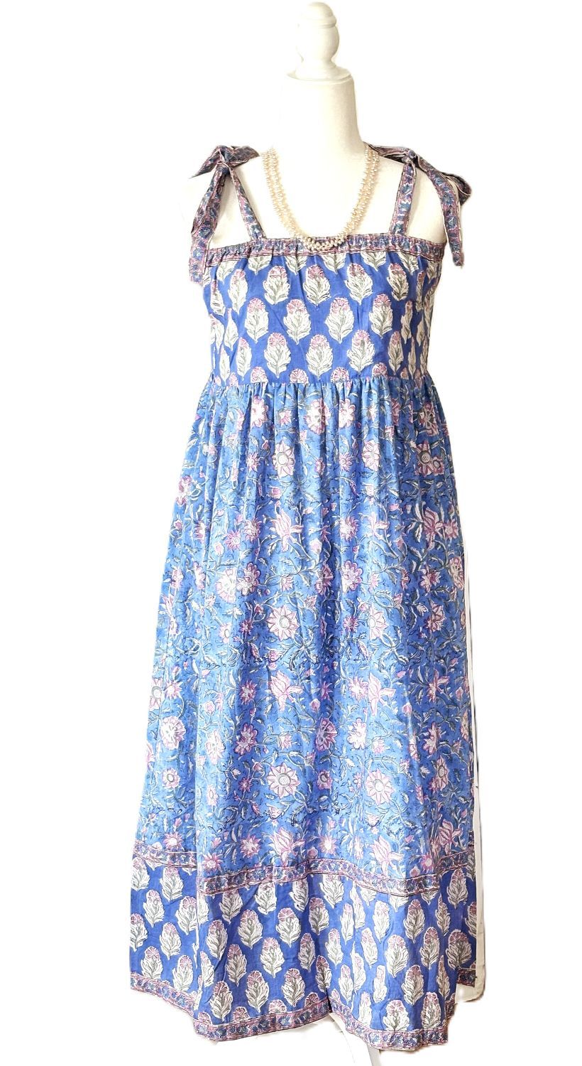 Dresses: Sleeveless Tie Shouldered Cotton Block Print Maxi. Sky Blue