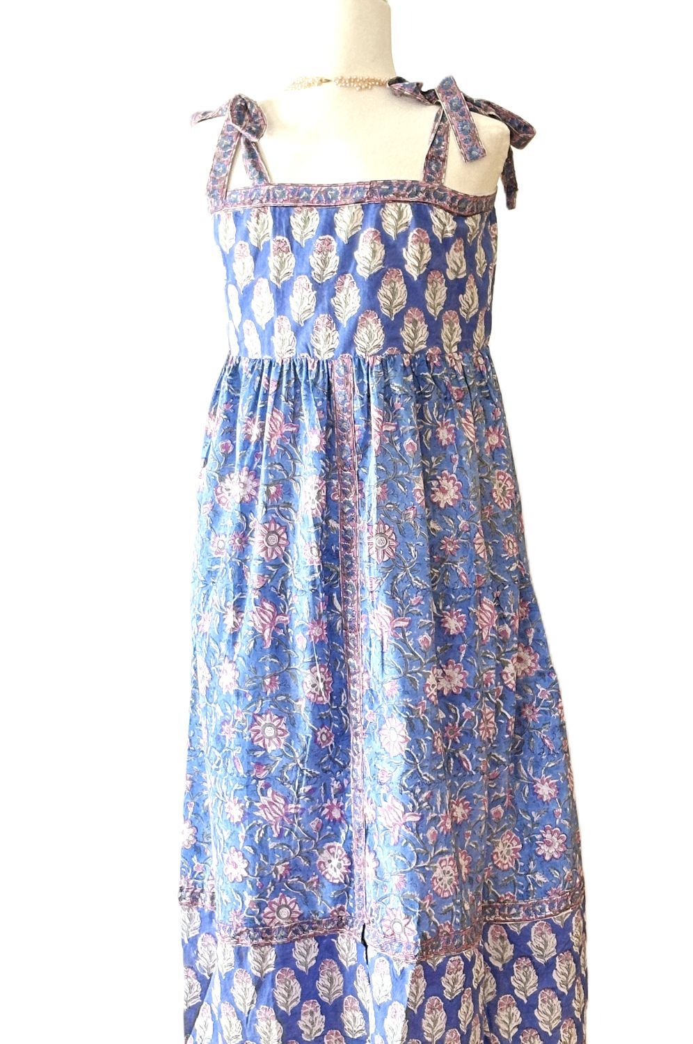 Dresses: Sleeveless Tie Shouldered Cotton Block Print Maxi. Sky Blue