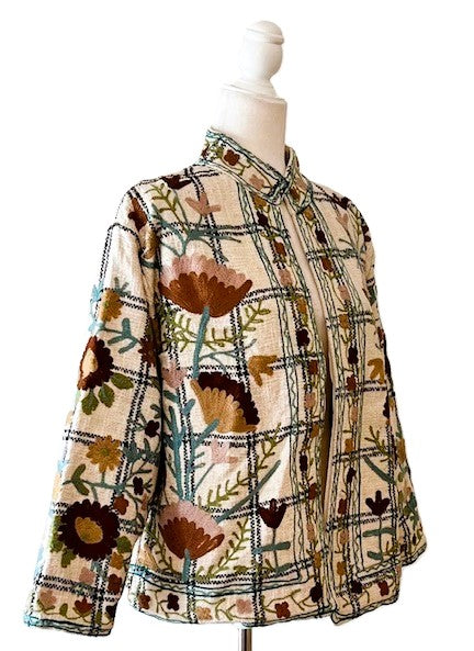 Wearable Art In This Hand Embroidered Reversible Short Jacket. (Cream)