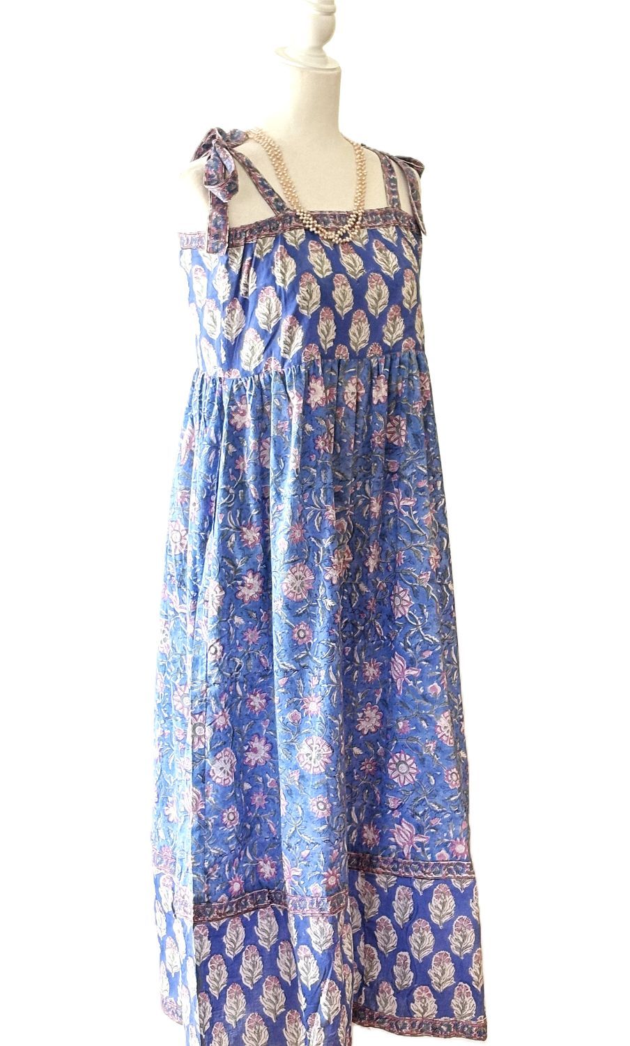 Dresses: Sleeveless Tie Shouldered Cotton Block Print Maxi. Sky Blue