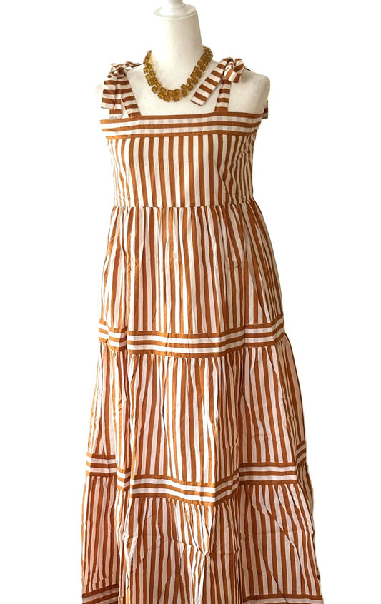Dresses: Sleeveless Tie Shouldered Cotton Block Striped Maxi. Bronze.