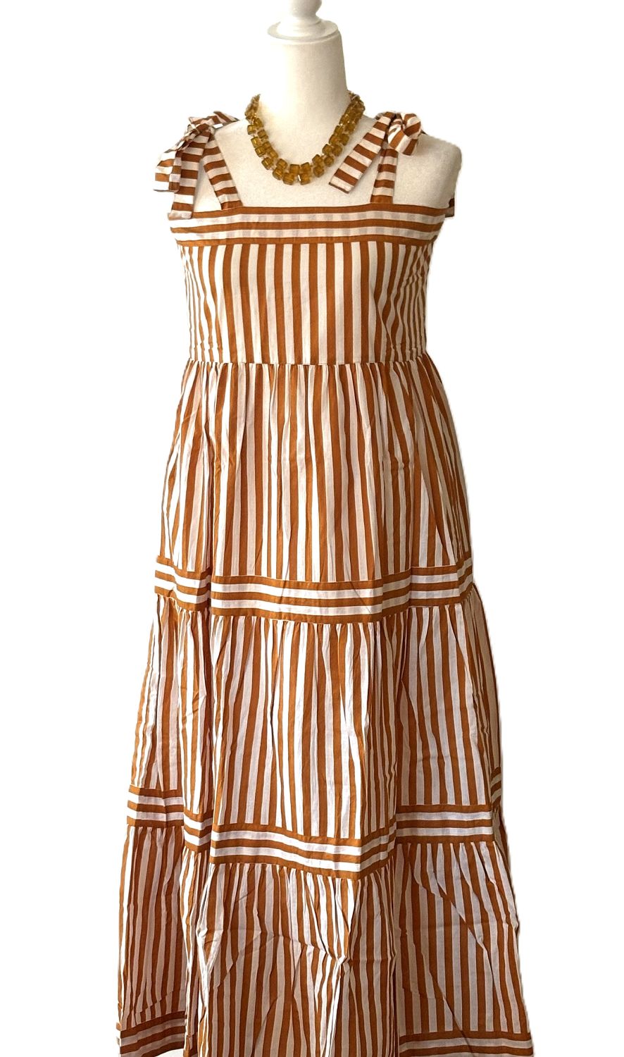 Dresses: Sleeveless Tie Shouldered Cotton Block Striped Maxi. Bronze.