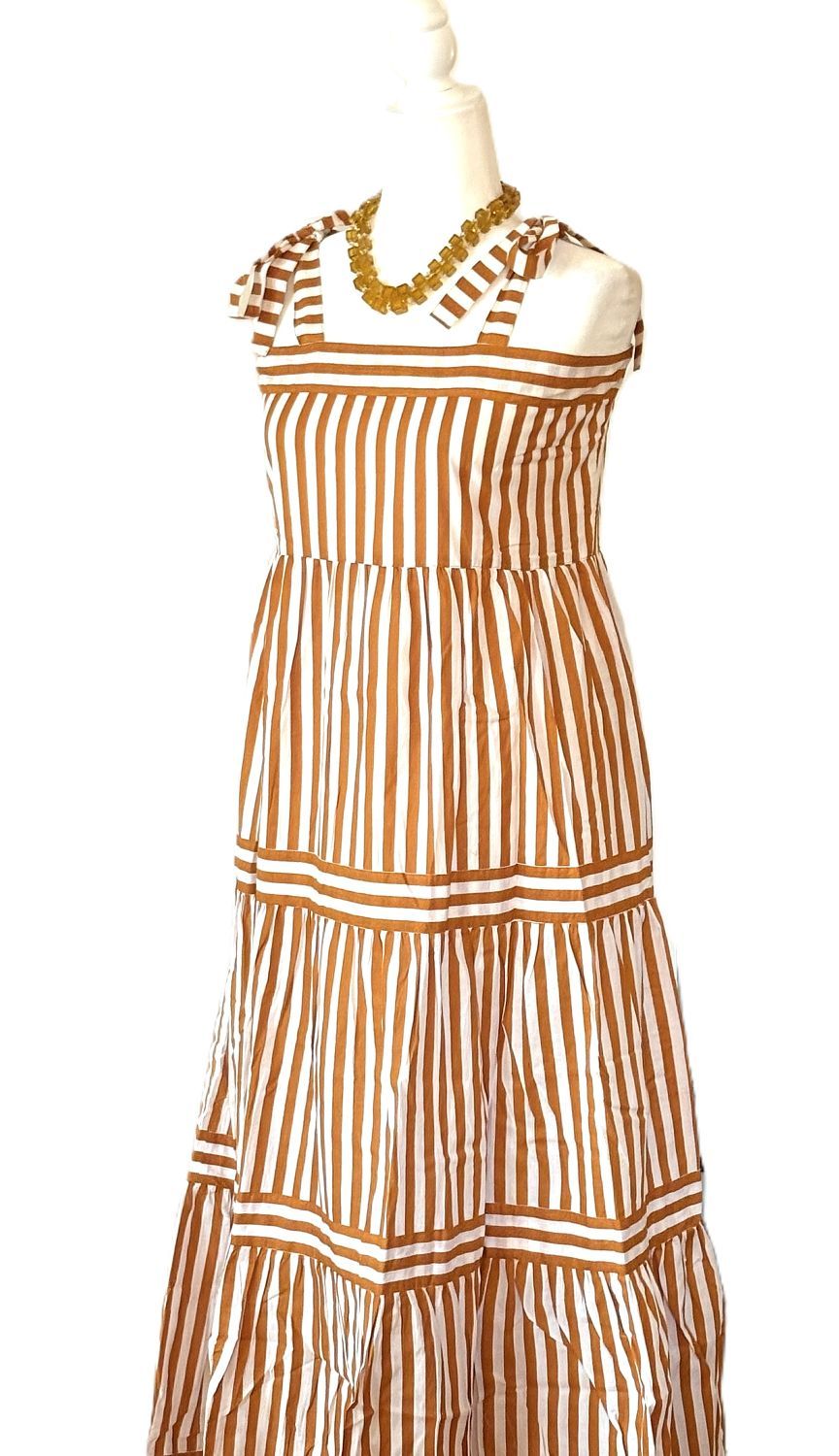 Dresses: Sleeveless Tie Shouldered Cotton Block Striped Maxi. Bronze.