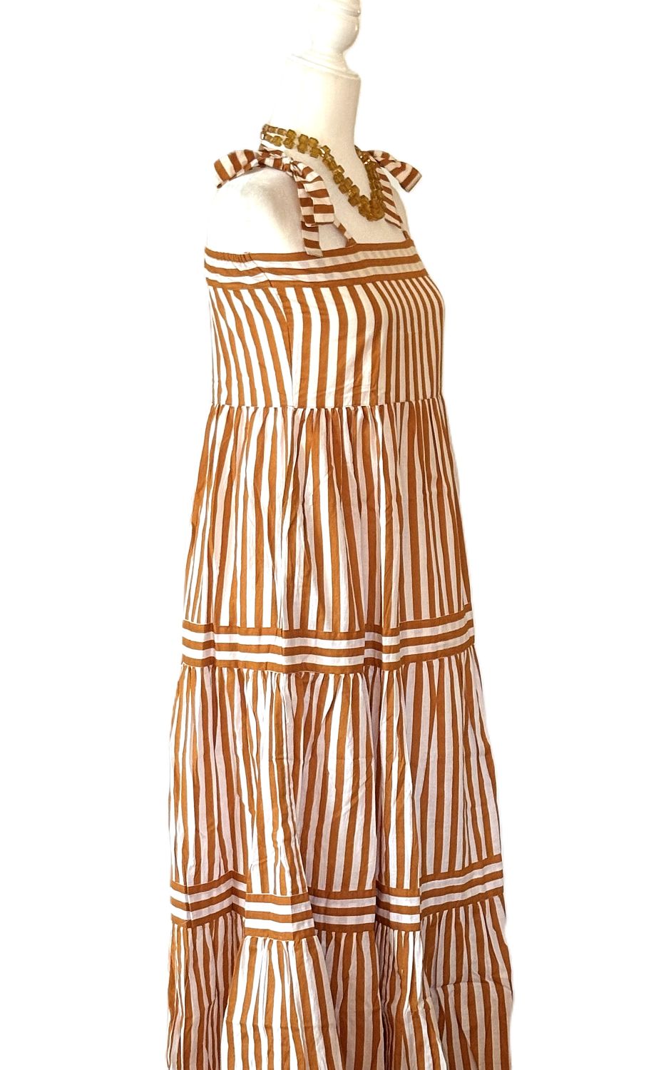 Dresses: Sleeveless Tie Shouldered Cotton Block Striped Maxi. Bronze.