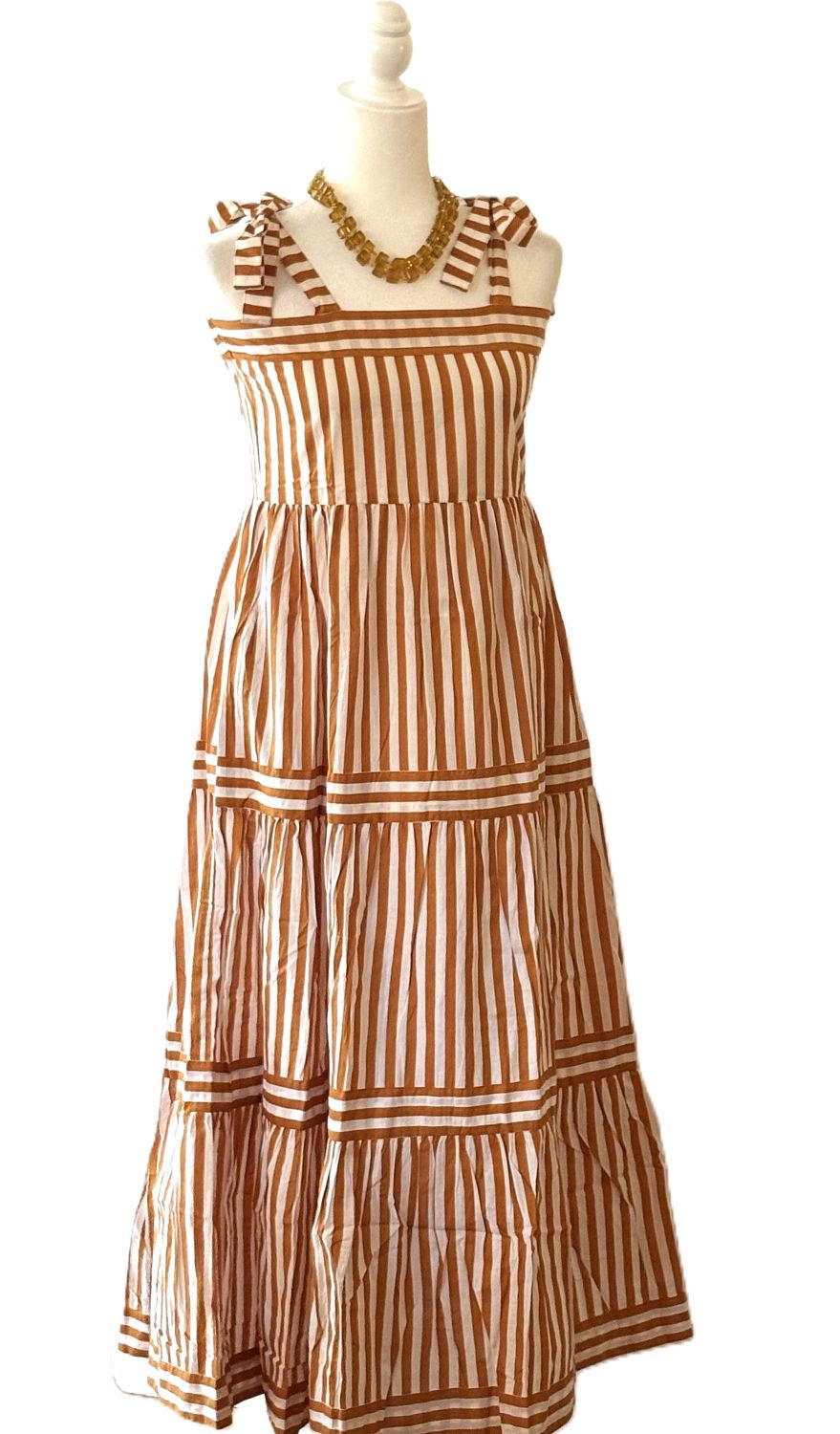 Dresses: Sleeveless Tie Shouldered Cotton Block Striped Maxi. Bronze.