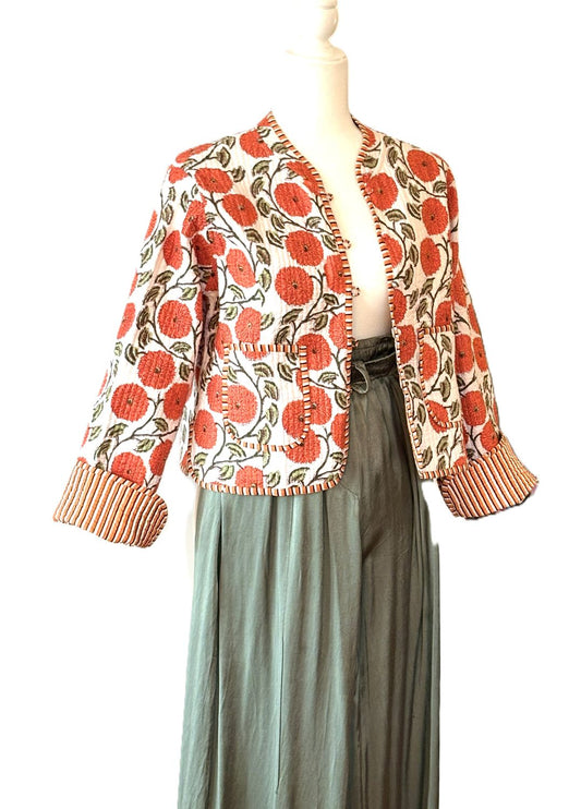 Luxe Reversible Cotton Quilted Womens Jacket With Stripe Piping (Orange)