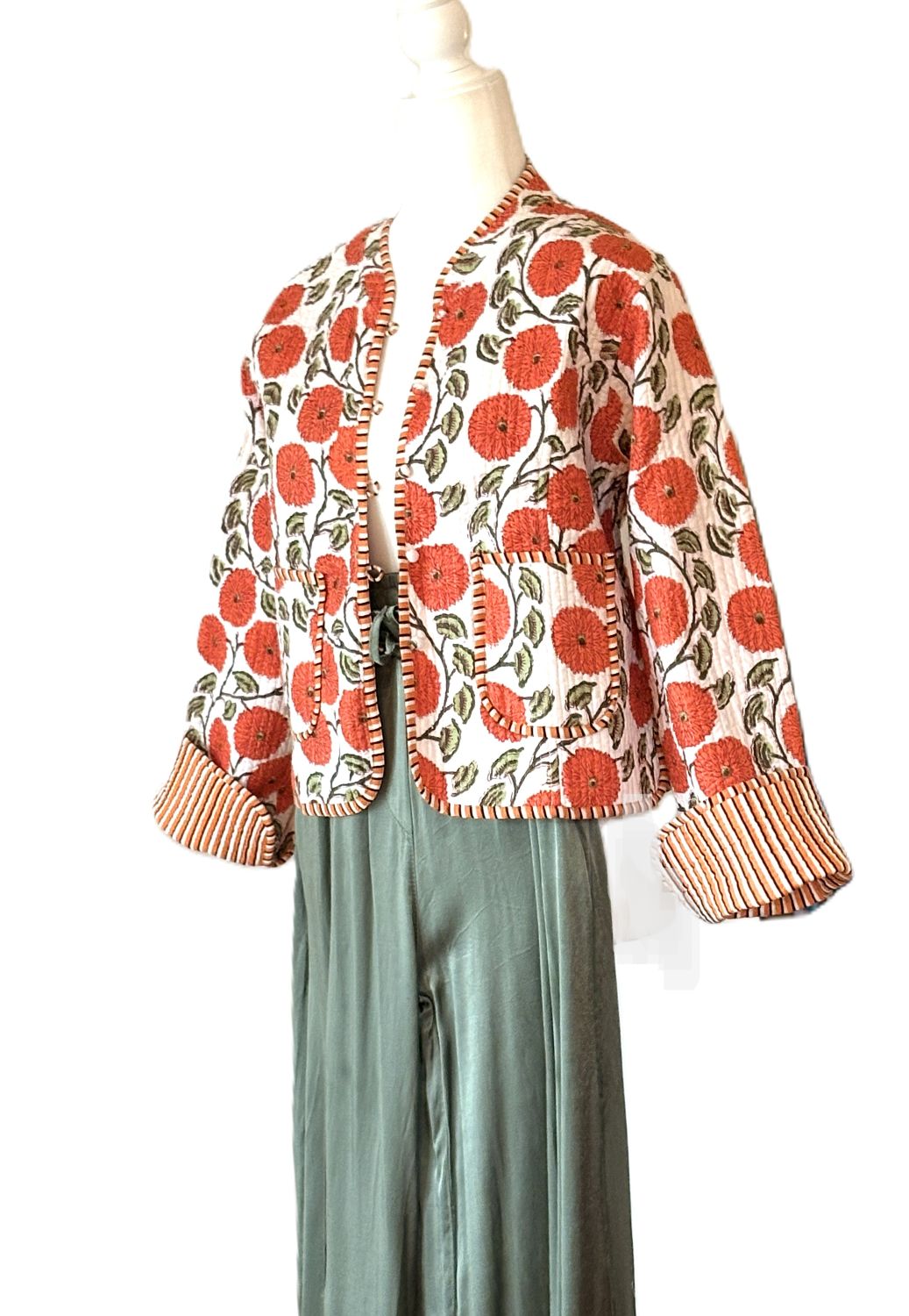 Luxe Reversible Cotton Quilted Womens Jacket With Stripe Piping (Orange)