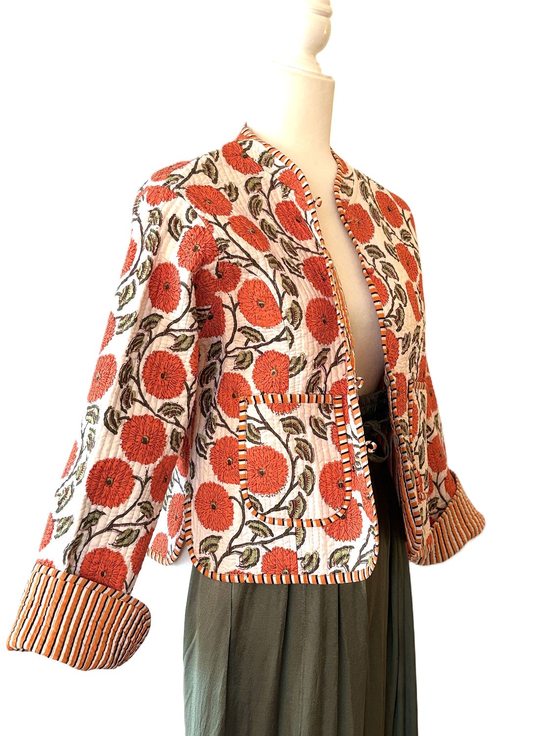 Luxe Reversible Cotton Quilted Womens Jacket With Stripe Piping (Orange)