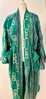 Kantha Robe Dreamweaver Kimono (Mint and Blue)  Is A Statement Piece.