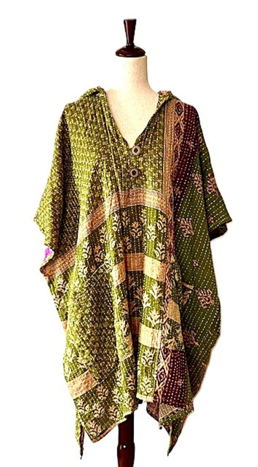 Kantha Bae Peace and Love Poncho, Summer Weight (Olive)