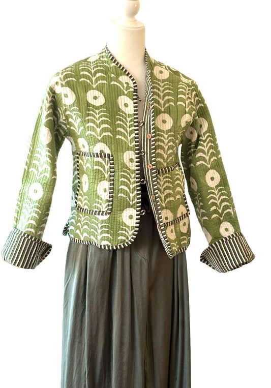 Luxe Reversible Cotton Quilted Womens Jacket With Stripe Piping (Olive).