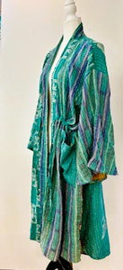 Kantha Robe Dreamweaver Kimono (Mint and Blue)  Is A Statement Piece.