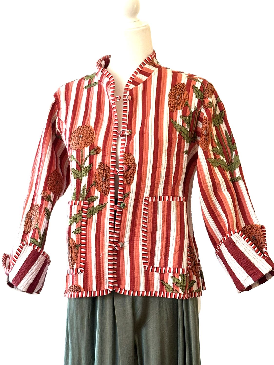 Reversible Quilted Cotton Jacket: Handmade Striped Floral Print Blazer (Wine)