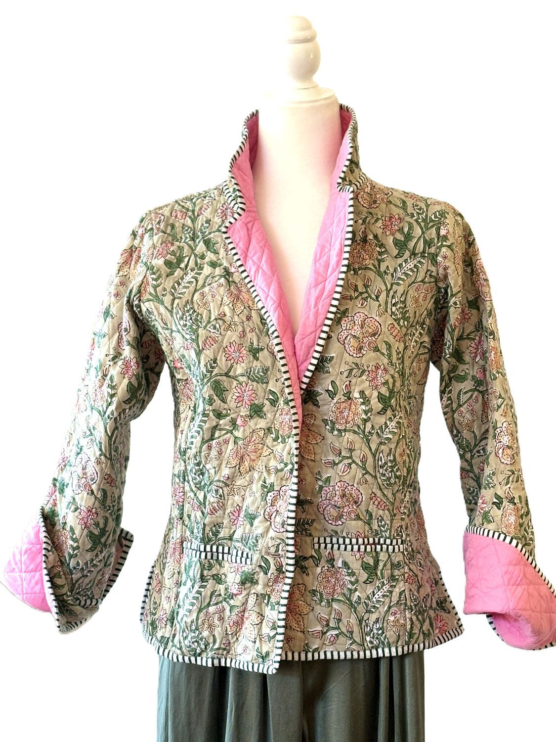 Reversible Cotton Quilted Jacket: Floral Print, Stripe Piping, Button Front (Green Pink).