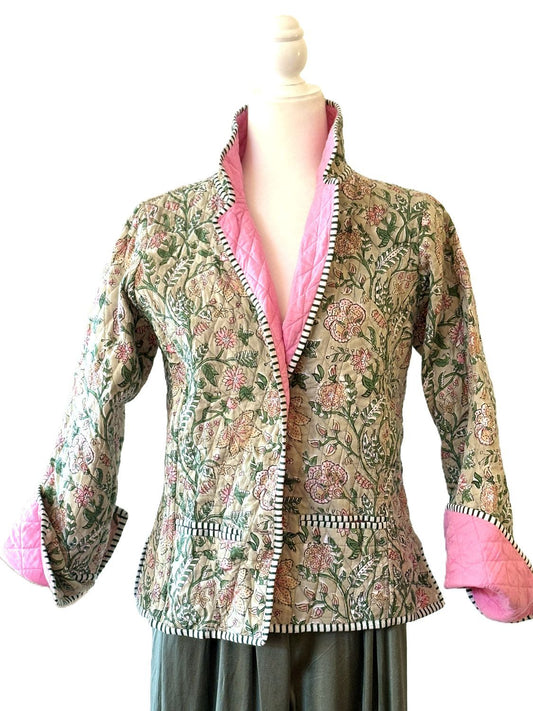 Reversible Cotton Quilted Jacket: Floral Print, Stripe Piping, Button Front (Green Pink).