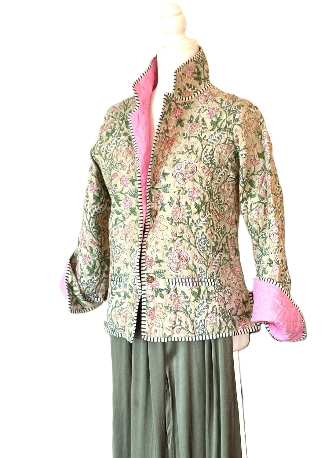 Reversible Cotton Quilted Jacket: Floral Print, Stripe Piping, Button Front (Green Pink).