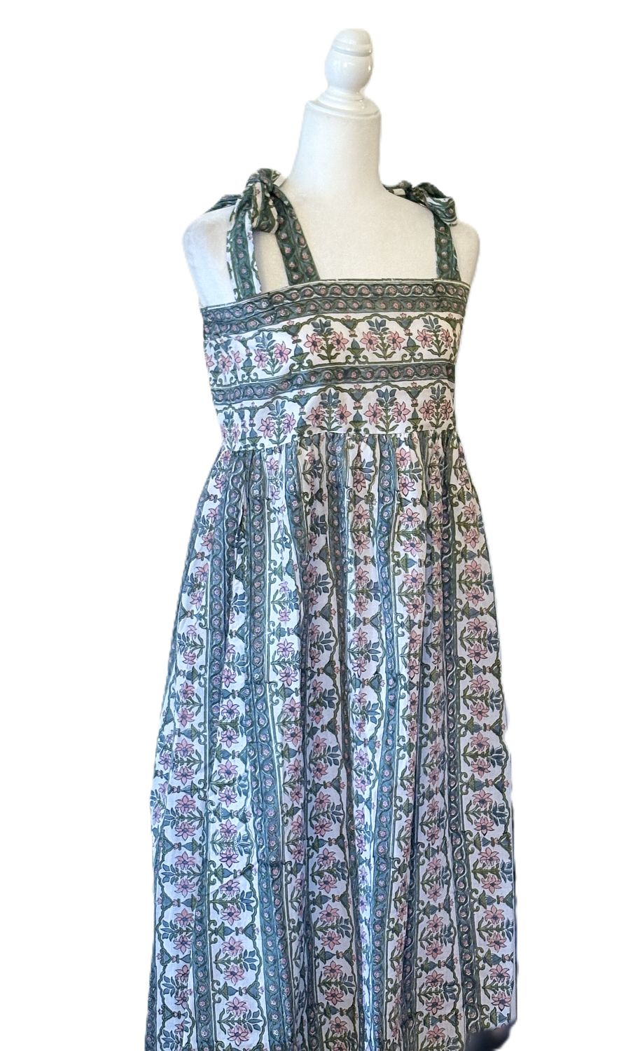 Dresses: Sleeveless Tie Shouldered Cotton Block Print Maxi. Green Floral.