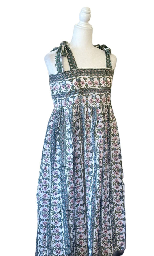 Dresses: Sleeveless Tie Shouldered Cotton Block Print Maxi. Green Floral.