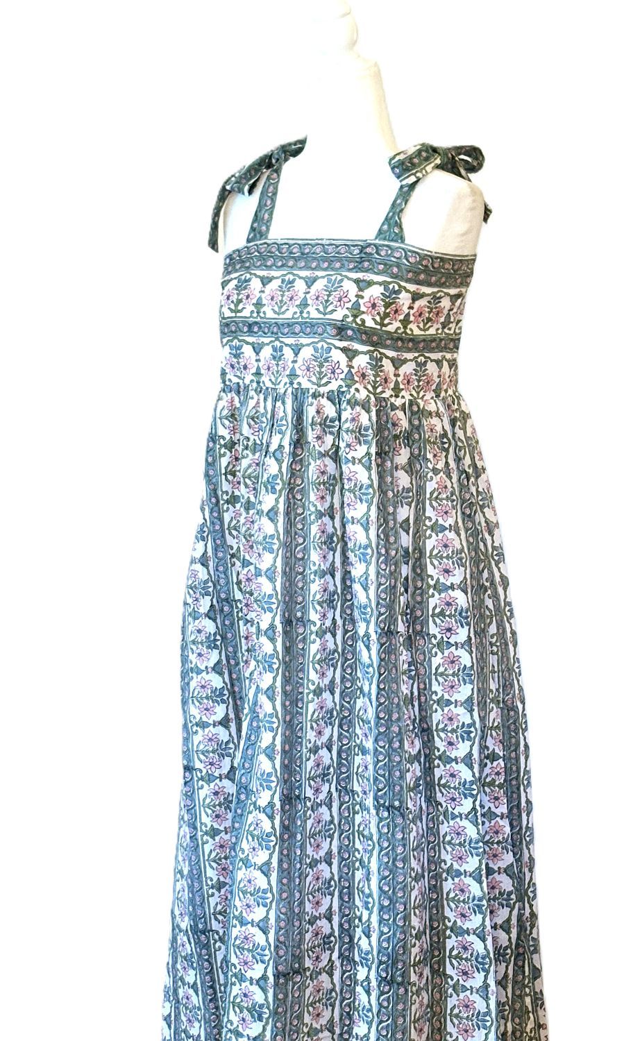 Dresses: Sleeveless Tie Shouldered Cotton Block Print Maxi. Green Floral.