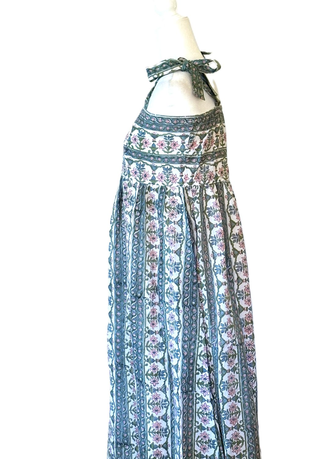 Dresses: Sleeveless Tie Shouldered Cotton Block Print Maxi. Green Floral.