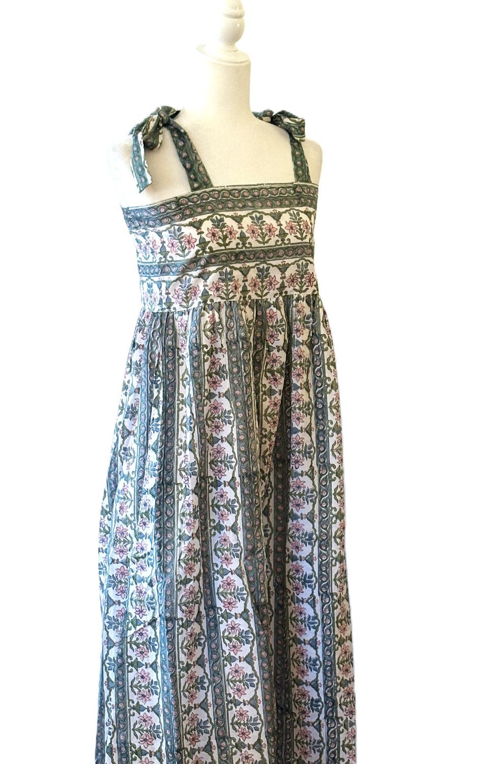 Dresses: Sleeveless Tie Shouldered Cotton Block Print Maxi. Green Floral.