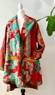 Spring Drifter Coat: Kantha Comfortable and Warm (Aqua Floral)