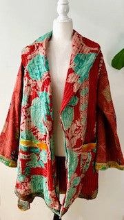 Spring Drifter Coat: Kantha Comfortable and Warm (Aqua Floral)