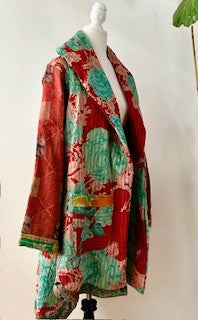 Spring Drifter Coat: Kantha Comfortable and Warm (Aqua Floral)