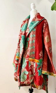 Spring Drifter Coat: Kantha Comfortable and Warm (Aqua Floral)