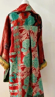 Spring Drifter Coat: Kantha Comfortable and Warm (Aqua Floral)