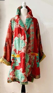 Spring Drifter Coat: Kantha Comfortable and Warm (Aqua Floral)