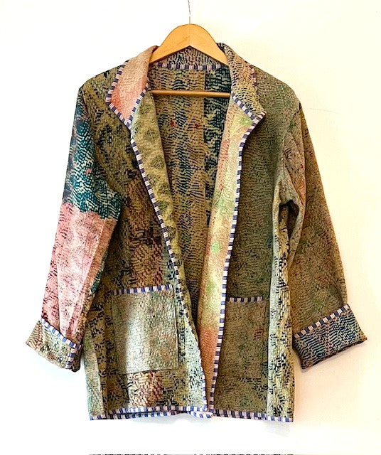 Handmade Indian Vintage Cotton Kantha Jacket, Reversible, Moss Green