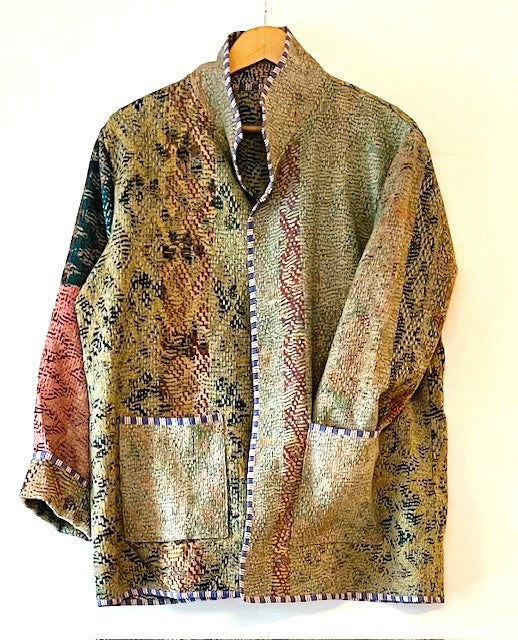 Handmade Indian Vintage Cotton Kantha Jacket, Reversible, Moss Green