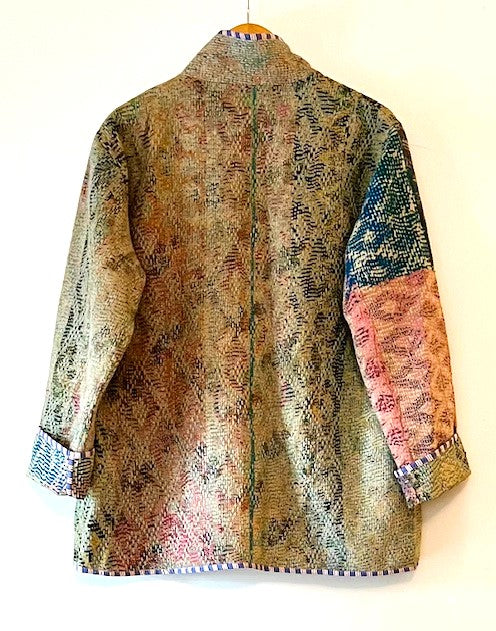 Handmade Indian Vintage Cotton Kantha Jacket, Reversible, Moss Green