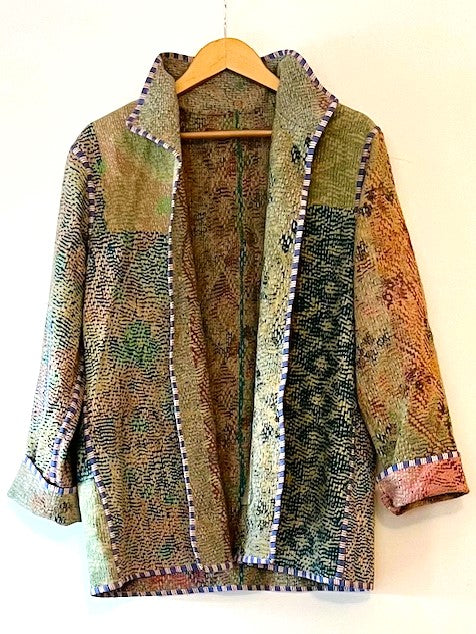 Handmade Indian Vintage Cotton Kantha Jacket, Reversible, Moss Green