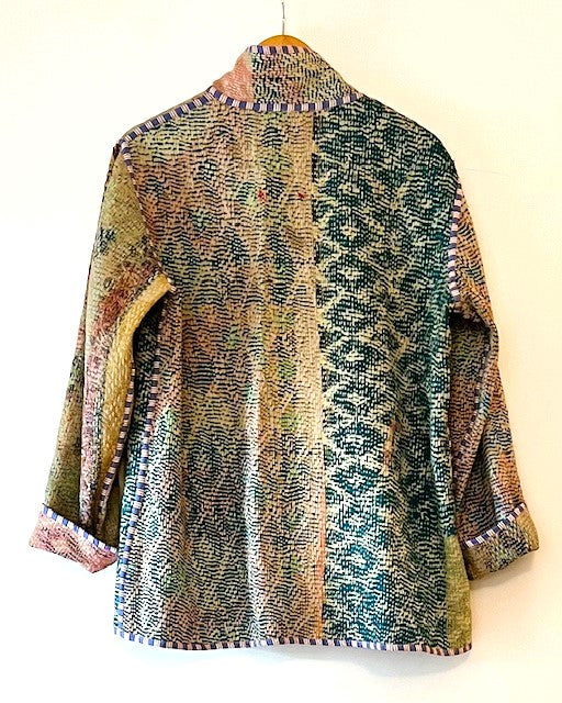 Handmade Indian Vintage Cotton Kantha Jacket, Reversible, Moss Green