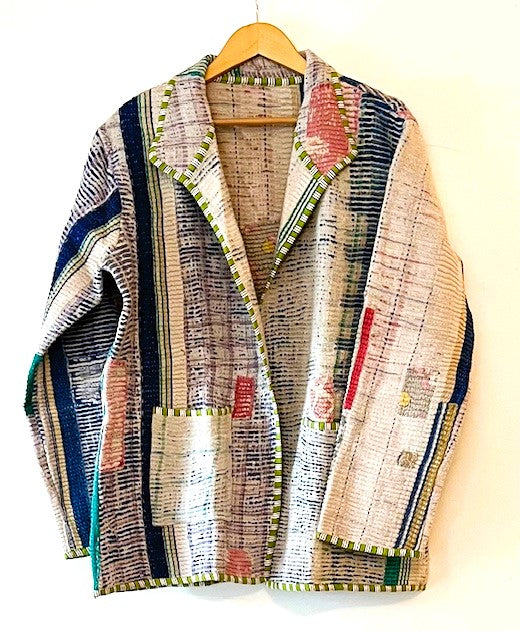 Handmade Indian Vintage Cotton Kantha Jacket, Reversible, Blue Stripes