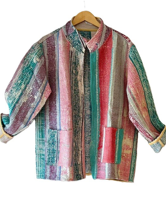 Handmade Indian Vintage Cotton Kantha Jacket, Reversible Multi Stripe