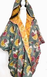 Kantha Knee Length Poncho Coats (Light Teal and Yellow)