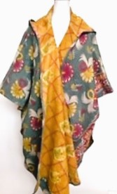 Kantha Knee Length Poncho Coats (Light Teal and Yellow)